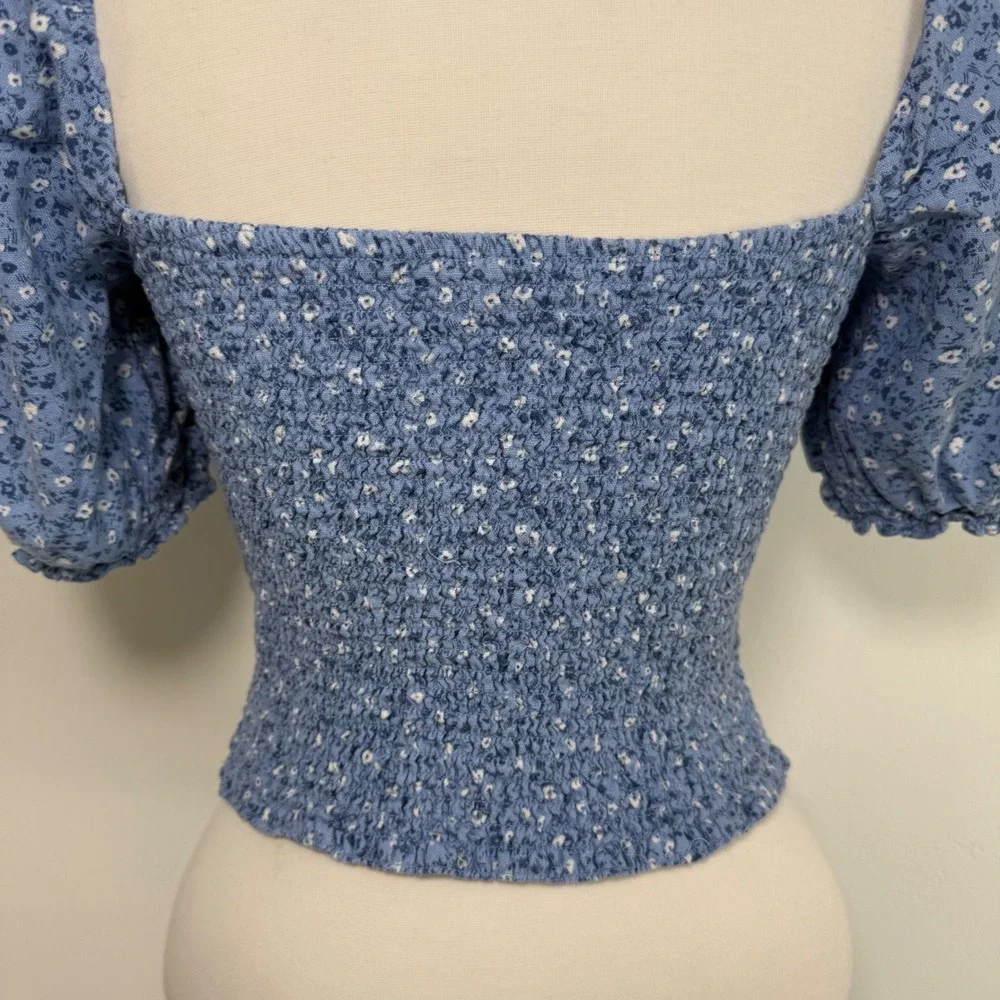 Abercrombie & Fitch Linen Blend Floral Top Blue‎ Puff Sleeve Prairie Cottagecore